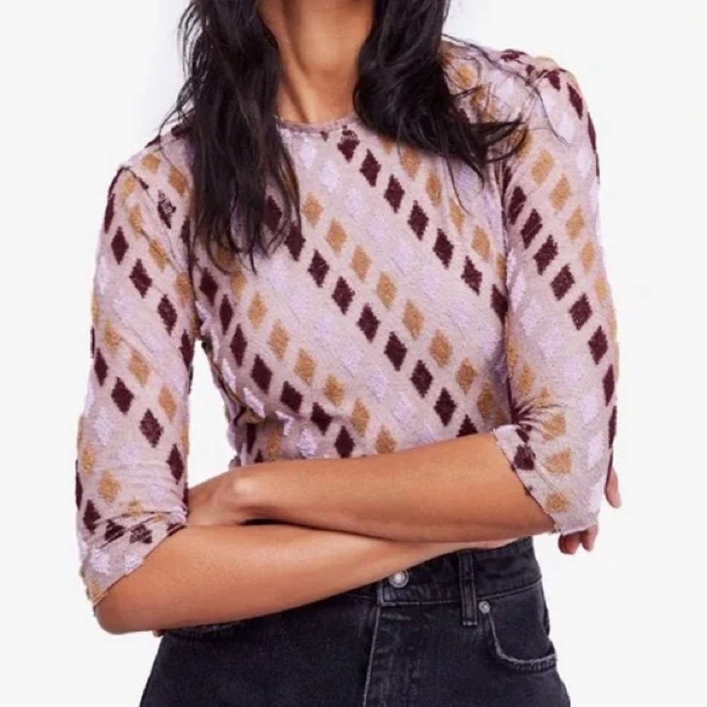 Free People Magic Carpet Cropped Tee Mauve Embroidered 3/4 Sleeve